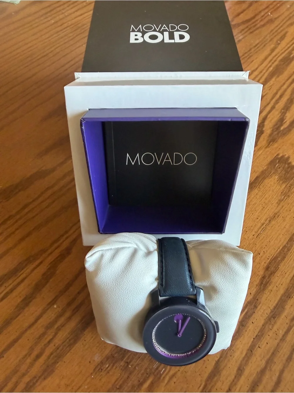 Movado Black Watch with Purple Hands and Crystal Ring